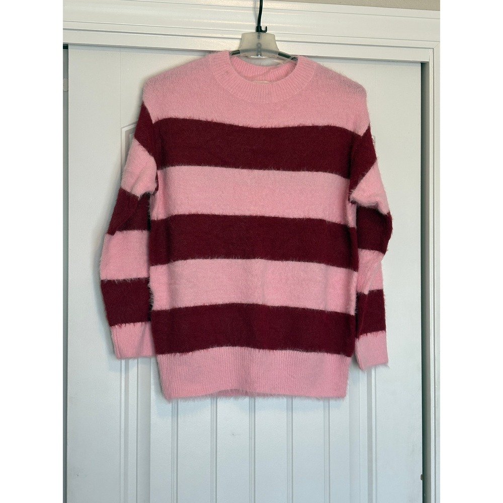 Universal Thread Pink Burgundy Striped Fuzzy Eyelash Knit Crewneck Sweater Small - Picture 3 of 9